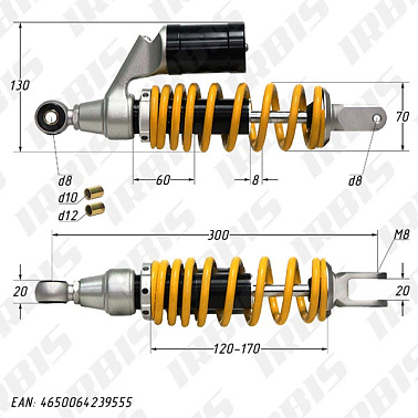 Амортизатор задний (L-300mm,D-8,10,12mm,M8) (с подкачкой)